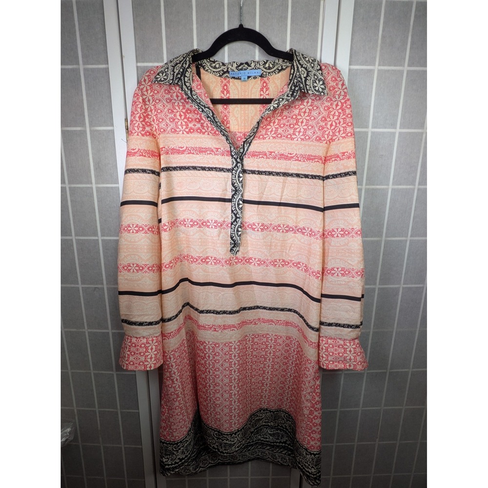 Antonio Melani Womens Shift Dress 10 Stripe Geometric Long Sleeve Roll Tab Beach